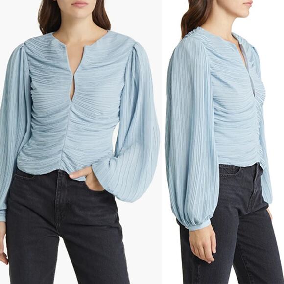 NWT Frame Pleated Billow Sleeve V-Neck Long Sleeve Blouse Top Chambray Blue - Picture 1 of 8